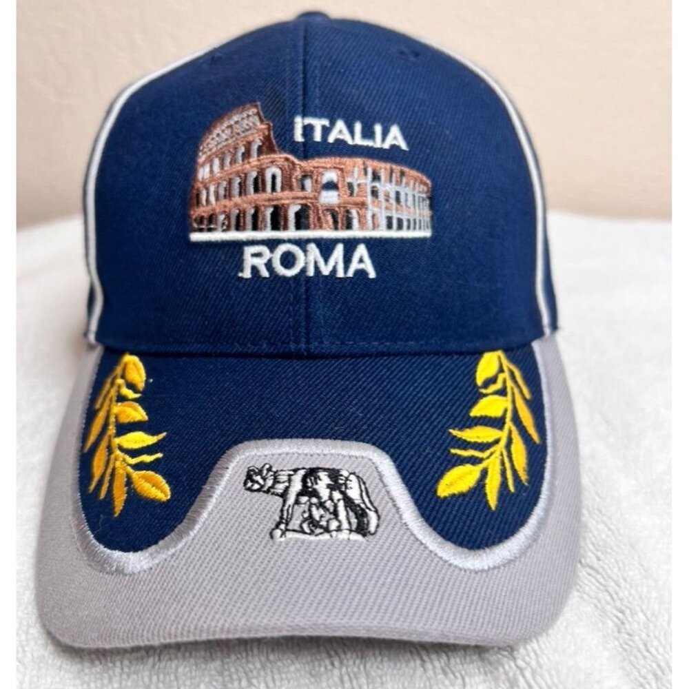 Italia Roma Logo Embroidered Baseball Cap Navy & Gray Adjustable Colosseum